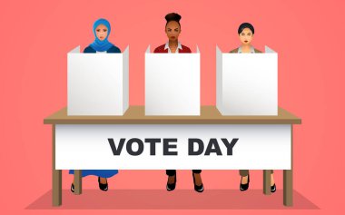 Farklı ırktan kadınlar oy kabinlerinde duruyor, çeşitliliği ve demokratik katılımı sembolize ediyorlar. Eşitlik, vatandaşlık görevi ve siyasi müdahale konuları için mükemmel