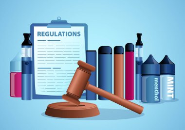 Various types of vape devices alongside refill bottles, a gavel, and regulatory documents. Concepts of vaping laws, industry regulations, or legal discussions surrounding e-cigarettes clipart