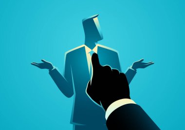 İş adamı eli, omuzlarını silkeleyen, işyeri çatışmasını temsil eden, anlaşmazlığı, suçlamayı ya da sorumluluk eksikliğini temsil eden bir meslektaşına özgüvenle işaret ediyor