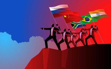 BRICS ülkelerinden iş adamları ellerinde ulusal bayraklarıyla bir uçurumun kenarında dikiliyorlar. Gelişmekte olan ekonomiler arasında işbirliği ve stratejik vizyonu simgeler