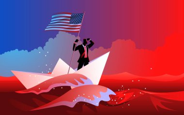 Amerikan bayrağını tutan iş adamları, Kızıl Deniz 'i kağıt bir tekneyle geçerken, uzaklara bakıyorlar..