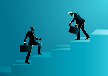 Genç işadamı kariyerinde ilerlemeyi simgelerken, yaşlı bir işadamı aşağı iniyor ve emekliliği temsil ediyor. Nesil değişimleri veya kurumsal evrim kavramları