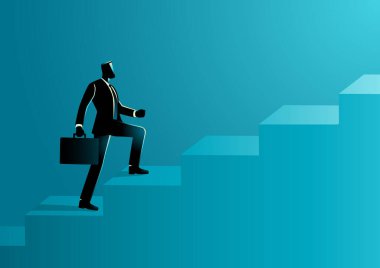 İş adamı kendinden emin bir şekilde merdivenleri tırmanıyor, bir evrak çantası tutuyor, hırsı, büyümeyi ve kariyer başarısını simgeliyor.