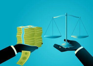 Adalet terazisini tutan başka bir ele bir tomar para teklif etmek. Yasalar üzerindeki nüfuz, yolsuzluğun karanlık yüzü ve etik dışı uygulamalar için para alışverişini simgeliyor.