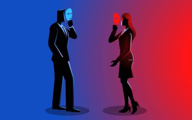 Businessman and businesswoman wearing masks while engaging in conversation, pretense, small talk, workplace intrigue, professional rivalry, business politics and hidden agendas in corporate settings clipart