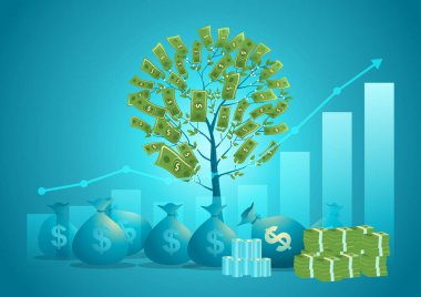 Grafik grafiği para desteleri, para çantaları ve arka planda büyüyen bir para ağacı ile genişletiliyor. Finansal büyüme, yatırım başarısı, zenginlik birikimi ve bileşik faiz