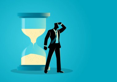 İş adamı elini alnına koyuyor ve arka planda bir kum saatiyle mesafeye bakıyor. Zaman yönetimi, teslim tarihleri ve stratejik planlamayı sembolize ediyor