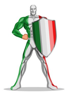 Muscular superhero wearing a costume inspired by the Italian insignia, standing heroically with a shield. Concepts of patriotism, strength, and heroism in advertising, or comic style designs clipart