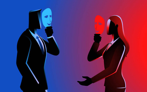 Businessman and businesswoman wearing masks while engaging in conversation, pretense, small talk, workplace intrigue, professional rivalry, business politics and hidden agendas in corporate settings