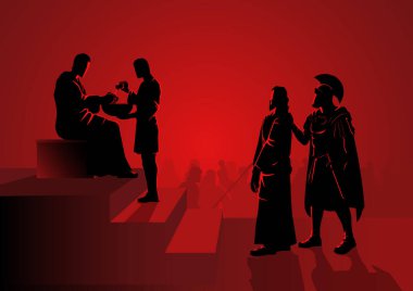 İncil'deki vektör çizim serisi. Yol çapraz veya istasyonları haç ilk istasyon, Pilatus kınadı İsa ölmek