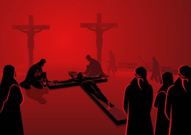 İncil'deki vektör çizim serisi. Cross için çivilenmiş çapraz veya istasyonları haç, onbirinci istasyonu, İsa'nın yoludur.
