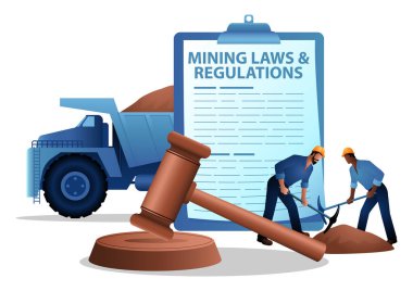 Yasal bir belge, tokmak, madenciler ve çöp kamyonuyla madencilik kanunlarının vektör çizimi. Endüstriyel düzenlemeleri, uyumluluğu, kaynak çıkarma politikalarını ve kurumsal yönetimi temsil eder