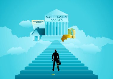 Yatırımcılardan birinin bir çanta dolusu parası var. Yatırımlarını güvenli bölgeye taşımayı düşünüyor. Ekonomik belirsizlik sırasında finansal güvenlik kavramı ve akıllı yatırım kararları.
