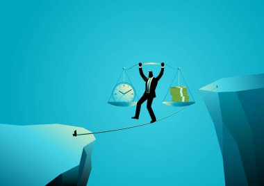 Para ve saatle teraziyi tutarken kayalıklar arasında ipte dikkatle yürüyen bir iş adamı. Zaman ve mali başarıyı dengeleme zorluğunu temsil ediyor