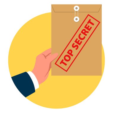 Kapalı bir TOP SECRET zarfını tutan bir elin vektör çizimi, gizlilik, gizli bilgi ve kısıtlı erişimi simgeliyor