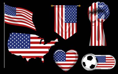 Amerikan bayrak temalı ikonlar, sallanan bir bayrak, sıkılmış bir vatansever yumruk, bir kalp, bir futbol topu, bir afiş ve bir ülke haritası. Milliyetçilik, spor, siyaset ve kültürel temsil için
