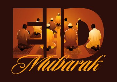 Cesur EID tipografisi içinde dua eden Müslüman erkeklerin yer aldığı Bayram Mübarek, sıcak altın ışıkla aydınlatıldı. İslami inanç, bayram kutlamaları, cemaat duaları ve şenlikli selamları temsil eder.