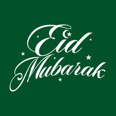 Hilal ay ve yıldızlarla süslenmiş yeşil arka planda Minimalist Bayram Mübarek el yazısı. İslami kutlamayı, bayramı, Müslüman bayramını, Ramazan festivalini temsil ediyor