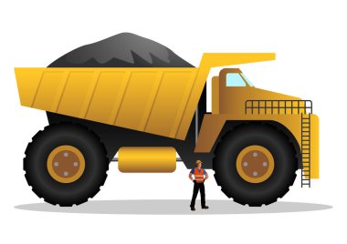 Toprakla dolu büyük bir maden damperli kamyon ve yanında da ölçek için duran bir işçi. Endüstriyel madencilik, hammadde taşımacılığı ve büyük ölçekli kaynak çıkarma sunar.