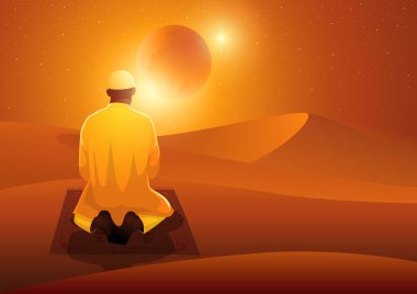 Müslüman bir adam parlayan bir hilal ayının altında devasa bir çölde bir hasırın üzerinde dua ediyor. Geleneksel kıyafetler içinde, kum tepeleriyle çevrili beyaz bir taksiye binmiş, barışçıl ve ruhani bir atmosfer yaratıyor.