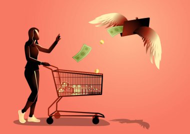 Alışveriş arabalı bir kadın çantasının uçup gidişini seyrediyor, para bırakıyor. Aşırı harcama, finansal kayıp, enflasyon veya günlük yaşam harcamaları için mükemmel temalar
