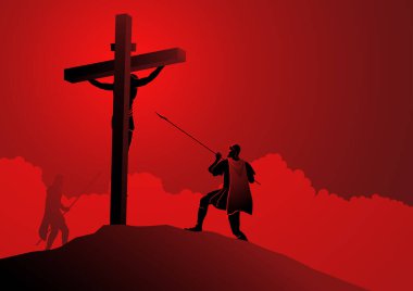 Kırmızı tonlu minimalist vektör çizimi, Longinus Mızrağı, Romalı asker Longinus İsa 'yı yan tarafından bıçakladı..