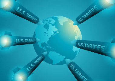 ABD gümrük vergileri etiketli füzelerin kavramsal illüstrasyonu Dünya gezegenini hedef alıyor. Metafor, ABD ticaret politikalarının, ekonomik yaptırımların ve gümrük vergisi savaşlarının küresel etkisini temsil etmektedir.