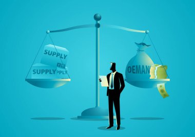 Arz ve talep dengesini, ekonomik konsept illüstrasyonunu analiz eden işadamı