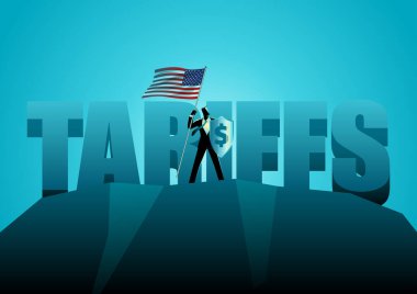 ABD bayrağını taşıyan dağda gururla duran bir işadamı ile birlikte kalın 3D harflerle TARIFFS kelimesi. ABD ticaret politikası, ithalat-ihracat düzenlemesi, korumacılık ve ekonomik güç teması..