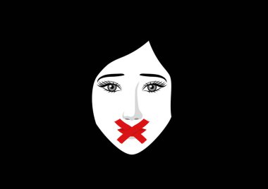 Ağzında kırmızı bant olan bir kadının minimalist vektör çizimi. Sansürü, susturmayı, cinsiyet temelli şiddeti, baskıyı veya ifade özgürlüğü eksikliğini simgeliyor.