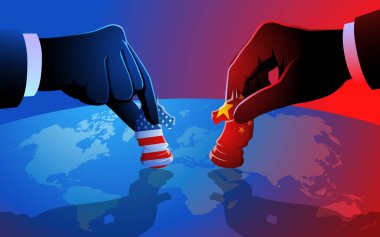 ABD ve Çin arasındaki bir satranç oyununun vektör çizimi dünya haritası üzerinde oynandı, onların stratejik hareketlerini ve küresel etki rekabetini sembolize ediyor.