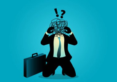 Kafasında karmakarışık bir karalama ile diz çökmüş, zihinsel stresi, tükenmeyi, kafa karışıklığını ya da işle ilgili endişeleri simgeleyen hayal kırıklığına uğramış bir işadamının vektör çizimi.