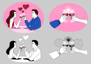 Şarap, aşk, yıldönümü ve kutlama vektörü illüstrasyonuyla kadeh kaldıran romantik çift.