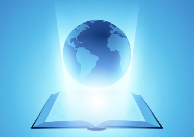 Uluslararası Edebiyat Günü Tasviri. Dünya açık bir kitaptan ortaya çıkıyor..