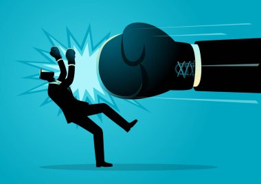 Silüetli bir iş adamının devasa bir boks eldiveni tarafından güçlü bir şekilde yumruklanmasının vektör çizimi. Agresif rekabeti, iş başarısızlığını veya sıfır toplamlı oyunu simgeler.