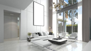 Modern tasarım lüks oturma odası iç mimarisi ve beyaz desenli duvar arka planı, 3D görüntüleme