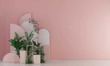 3D podium, pink display, background. pink, surprise, open gift box. Rose flower falling petals. Luxury cosmetic product presentation. Abstract, love, valentines day or woman's day. 3D render