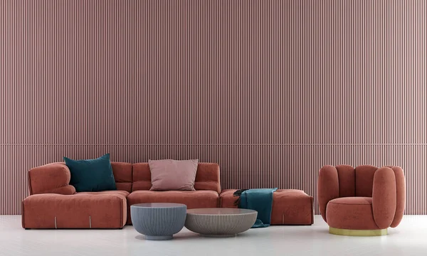Modern living room and empty pink texture wall background interior design. 3D rendering