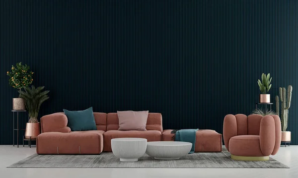 Modern living room and blue texture wall background interior design. 3D rendering
