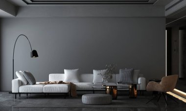 Modern rahat siyah oturma odası ve boş uzay duvarı dokusu iç tasarımı. 3B görüntüleme 
