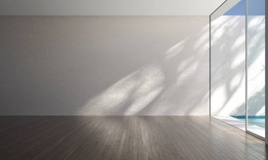 Modern konforlu boş oturma odası ve beton duvar dokusu iç tasarım. 3B görüntüleme 
