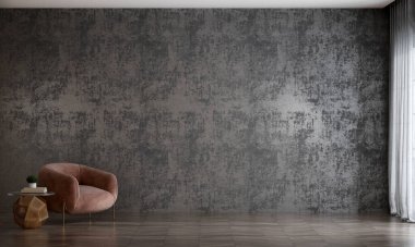 Asgari oturma odası ve beton duvar dokusu iç tasarım. 3B görüntüleme 
