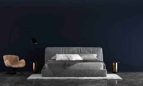 现代舒适的卧室和蓝色墙体背景室内设计 3D渲染 — 图库照片