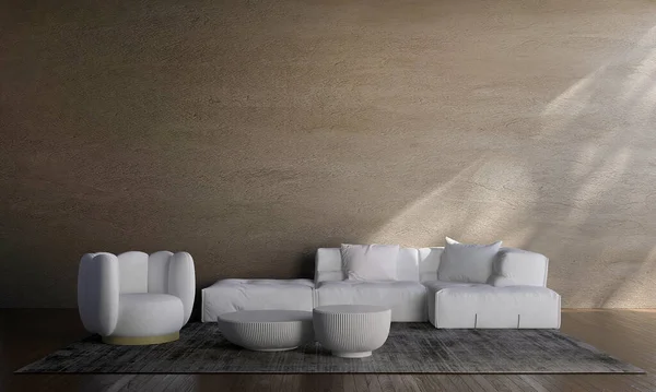 Modern cozy living room and brown concrete wall texture background interior design. 3D rendering