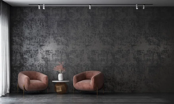 Modern cozy black living room and concrete wall texture background interior design. 3D rendering