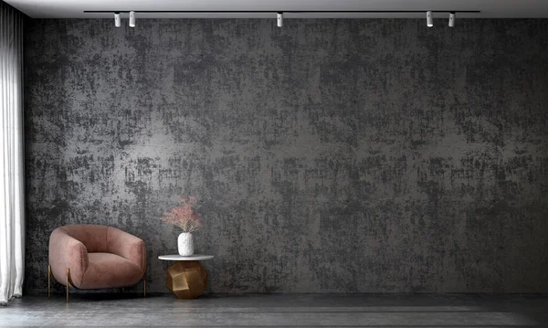 现代舒适的黑色客厅和混凝土墙纹理背景室内设计 3D渲染 — 图库照片