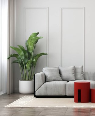 Modern minimal oturma odası ve beyaz duvar dokusu iç tasarım