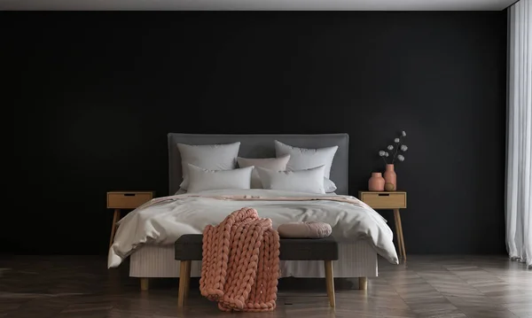 モダンな居心地の良いベッドルームと黒の壁のテクスチャの背景インテリアデザイン — ストック写真