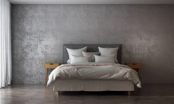 モダンな居心地の良いベッドルームとコンクリート壁のテクスチャの背景インテリアデザイン — ストック写真