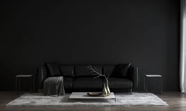 Modern cozy black living room and empty wall texture background interior design